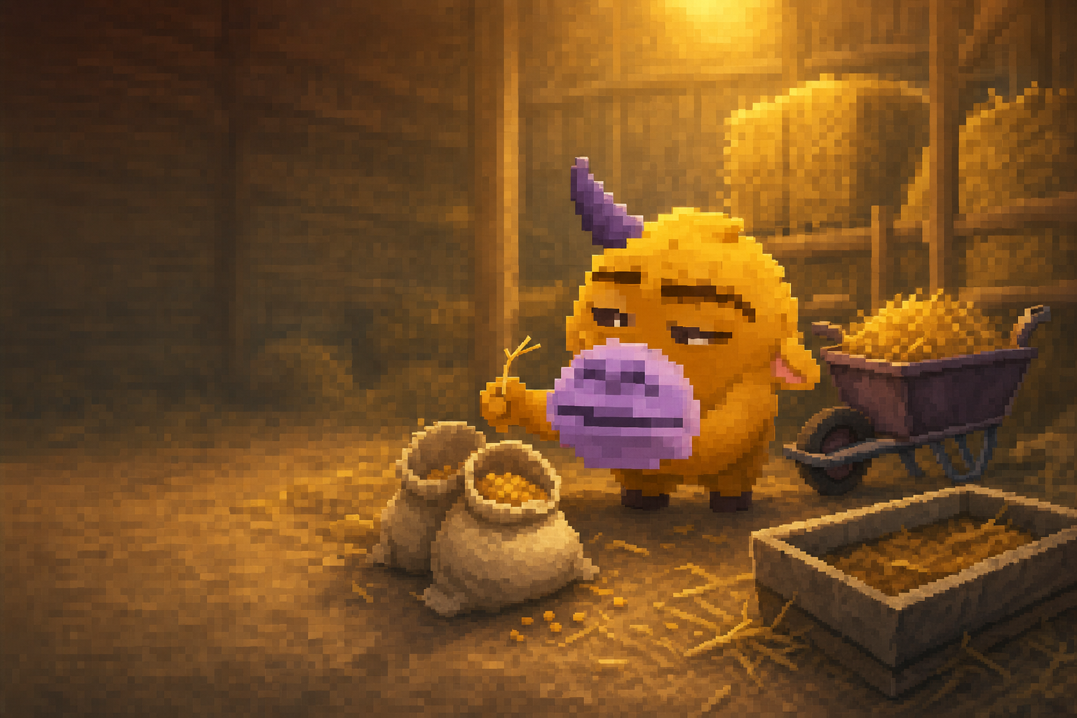 Sus Bull inspecting feed sacks in a lantern-lit barn at night